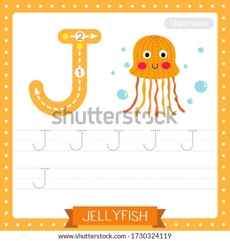 Letter J uppercase cute children colorful zoo and animals ABC alphabet tracing practice worksheet of orange Jellyfish for kids learning English vocabulary and handwriting vector illustration.
