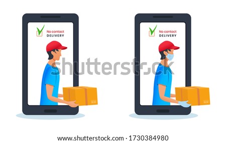 Safe contactless parcel delivery via smartphone, mobile application. Courier holding cardboard box in protective mask and medical rubber gloves. Online shopping and fast delivery to home. Clip art