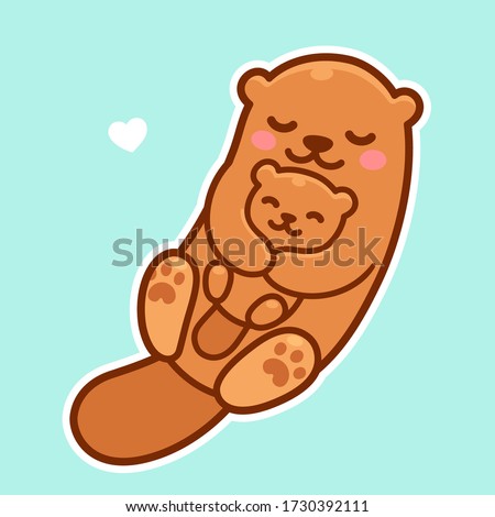 Cute cartoon otter mom hugging baby cub, Mother's Day drawing. Simple kawaii clip art illustration.