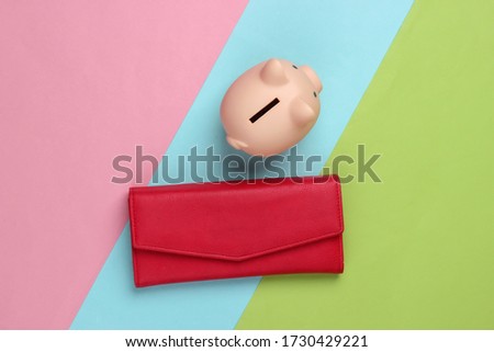 Piggy bank and wallet on colored pastel background. Minimalistic studio shot. Overhead view. Flat lay.