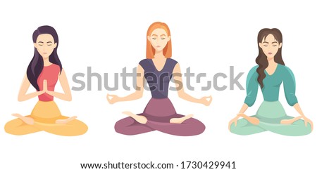 Set of women doing yoga. Female characters in lotus position.