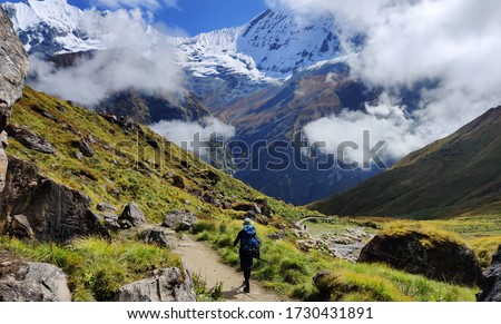 Machhapuchhare Base Camp in Nepal,mountain landscape in the mountains, Machapuchare, Machhapuchchhre or Machhapuchhre, is a mountain situated in the Annapurna massif of Nepal. Royalty-Free Stock Photo #1730431891