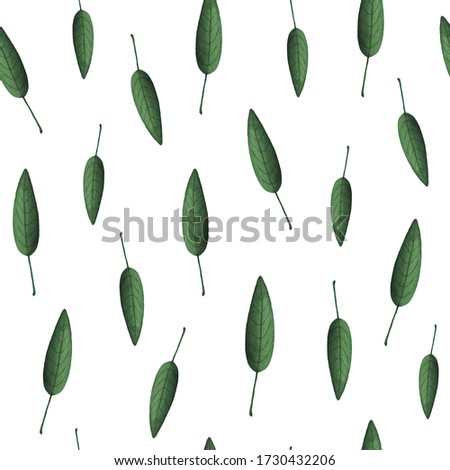 Seamless pattern of green leaves. Isolated on white background. Hand drawn watercolor illustration for decorate fabric, curtain, wallpaper, website, invitation.
