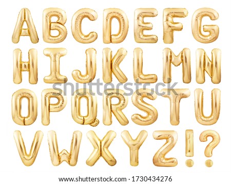 Alphabet balloons font made of golden inflatable balloons isolated on white background. Golden foil balloon letters English font Royalty-Free Stock Photo #1730434276