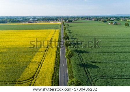 Country road between fields as aerial view, Germany Royalty-Free Stock Photo #1730436232