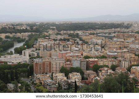 Scenic View of rome city from top tiber river skyscrapers and historical buildings can be seen