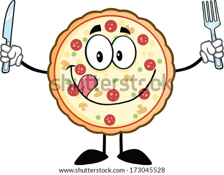 Funny Pizza Cartoon Mascot Character With Knife And Fork. Vector Illustration Isolated on white