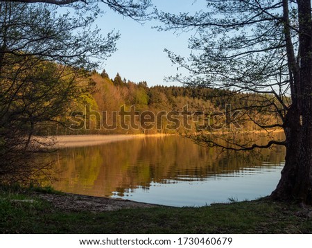 Hancza Lake, the deepest lake of the Poland. Sunny day, late afternoon, trees reflecting in the water. Suwalski landscape park, Podlaskie, Poland