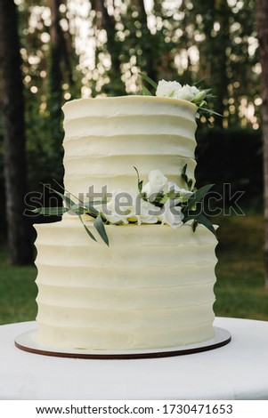 white bunk wedding cake stands on a table for,bride cuts a wedding cake,wedding cake decorated with florists,cut of a wedding cake at the end of a wedding day,cake outside