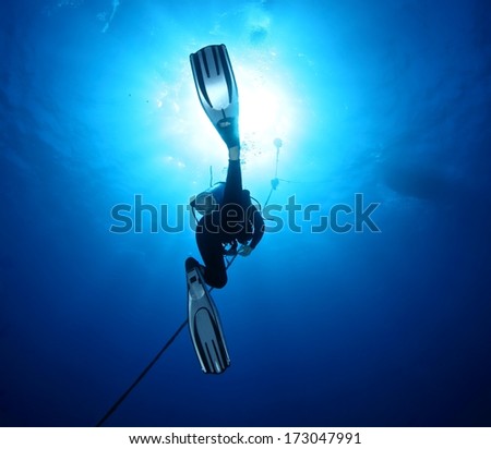 Diver silhouette under water with beautiful sun ray.