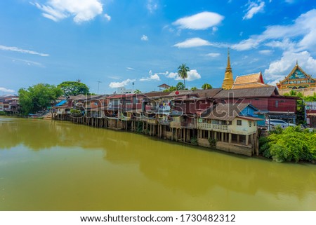 Chanthaburi river ,Classical Village near river, Chanthaburi Old Town Waterfront ,Landmark with old building village in Chanthaburi Thailand