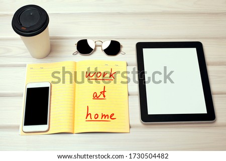 Work at Home. Perfect Minimal Work Desk with Smartphone, Note and Morning Coffee. Office Freelancer Table. Stylish Work Place with necessary Accessories