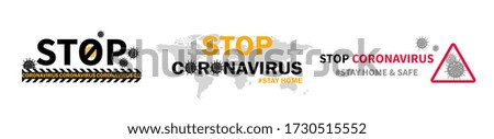 Three designs to Stop Coronavirus on white for use as design elements during the Covid-19 pandemic, colored vector illustration