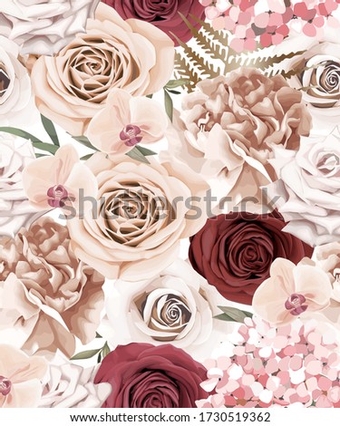 Floral seamless pattern with roses, peony and orchid. Vintage flower print on white background. Vector botany illustration