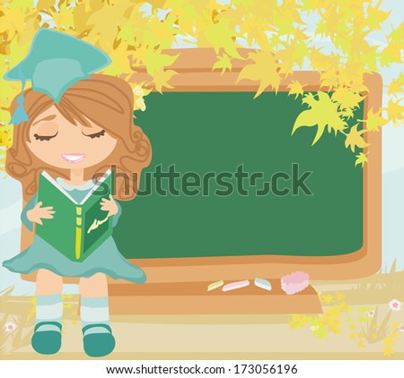 green chalkboard with autumn leaves and schoolgirl with book