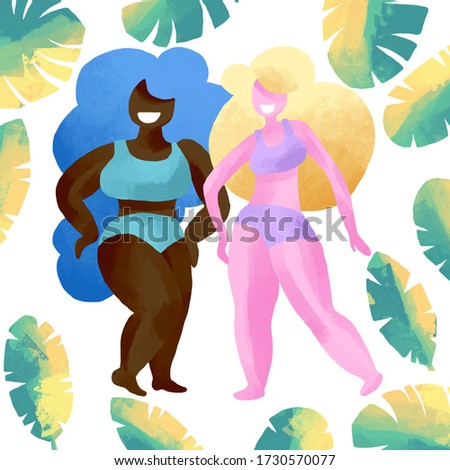 Happy beautiful active plus size girls  illustration. Body positive concept. Plump girl in bra and panties, female characters dancing. Body positive poster. Clip art