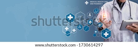 Double exposure of healthcare And Medicine concept. Doctor and modern virtual screen interface.
