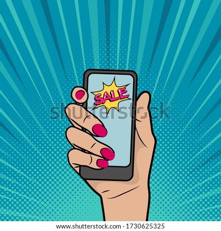Digital advertisement female model showing the message or new app on cellphone. Vector illustration in retro comic style.