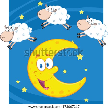 Three Funny Counting Sheep Over A Moon. Raster Illustration