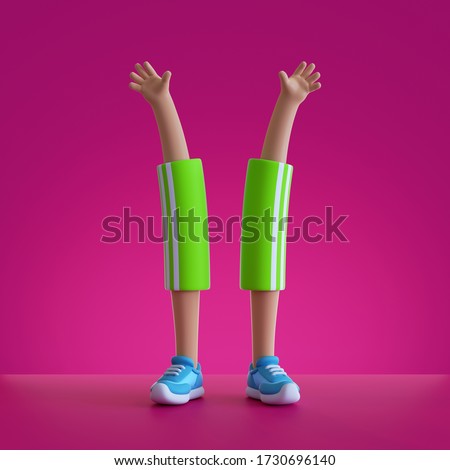 3d render cartoon character body parts. Hands and legs isolated on pink background. Physical activity at home, indoor fitness exercise routine. Funny toy, surrealistic clip art, sport motivation