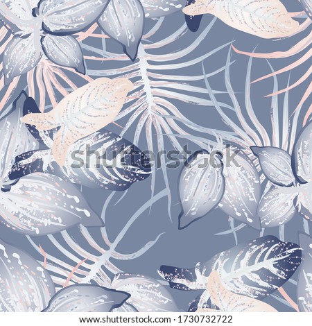 Tropical Leaf Modern Motif. Jungle Print. Foliage Summer Seamless Pattern. Trending Greenery Vector Background. Artistic Botanic Surface. Abstract Plant Texture For Fashion. Soft Pastel Brush Drawing.