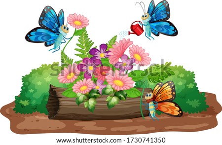 Scene with butterflies flying in the garden illustration