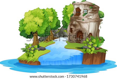 Stone house next to river illustration