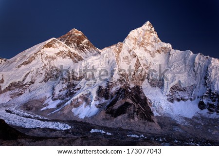 Mount Everest, Nuptse and the Khumbu glacier at dusk, seen from Kala Patthar in the Nepal Himalaya