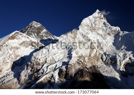 Evening sun on Mount Everest and Nuptse in the Nepal Himalaya