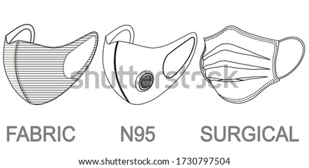 A set of protective masks isolated on white background. Fabric, N95 and surgical mask. Black and white outline drawing.