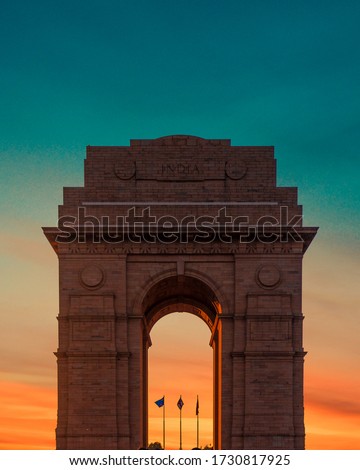 Golden hour view of India Gate, New Delhi.  Royalty-Free Stock Photo #1730817925