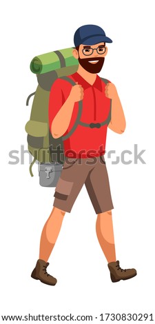 Man with backpack isolated person. Male traveler in tourist clothes is engaged in hiking, mountaineering, backpacking trip, expedition. Sport, lifestyle, hobby concept. Vector character illustration