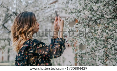 girl photographs a blossoming cherry on a smartphone. young girl takes a selfie near sakura