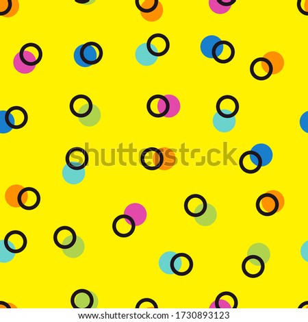 Seamless yellow pattern with double polka dots, colored circles. Background for invitation cards for birthday, anniversary, wedding. Template for print, textile, or fabric