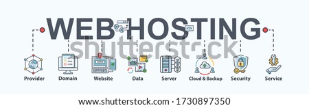 Web hosting banner web icon for business, domain, website, SEO, data, cloud service, backup, support, security and service. Flat cartoon vector infographic. Royalty-Free Stock Photo #1730897350