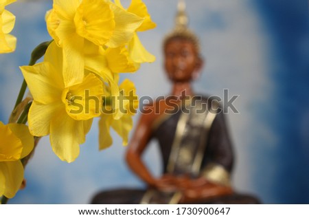 Yellow Daffodils With Buddha Statue in Background