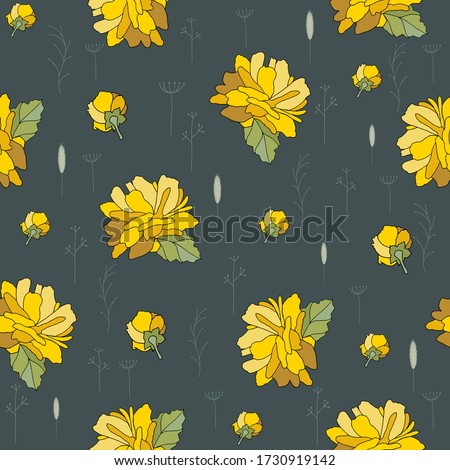 
Seamless pattern with beautiful rudbeckia flowers. Festive floral background for your design. Yellow beautiful flowers. Background for fabric and packaging.