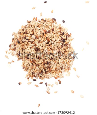 Peeled roasted sunflower seeds on white background Royalty-Free Stock Photo #173092412