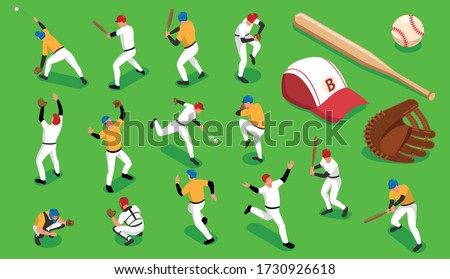 Isometric icons set with baseball teams and sports outfit isolated on green background 3d vector illustration
