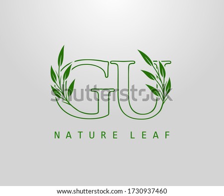 Nature Green Leaf Letter G, U and GU Logo Design. monogram logo. Simple Swirl Green Leaves Alphabet Icon.