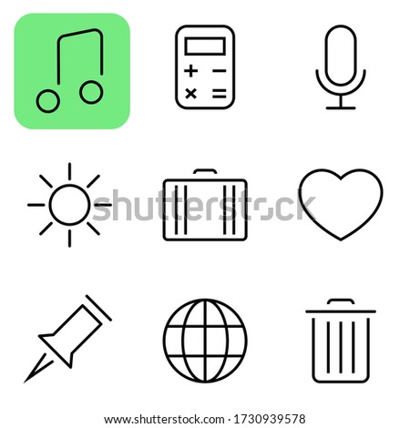 Web set icons. Thin line Icons Set consisting of Musical Note, Calculator, Microphone, Sun, Bag, Suitcase, Heart, Push pin, Globe, Planet, Basket. Outline Web icons. Editable stroke web icon