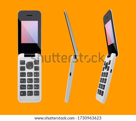 Modern clamshell phone isolated on a yellow background. Flip cell phone view from different angles (front, side, perspective) 