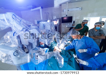 Modern surgical system. Medical robot. Minimally invasive robotic surgery. Da Vinci Surgery. Royalty-Free Stock Photo #1730979913