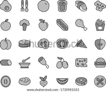 Thin line gray tint vector icon set - plates and spoons vector, iron fork, sausage, piece of cheese, pizza, Hot Dog, burger, cake with a hole, chicken leg, thigh, cabbage, meat, French fries, sushi