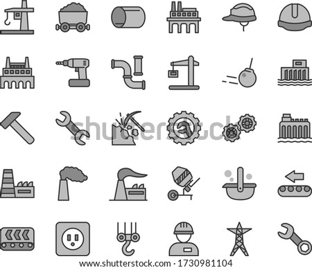 Thin line gray tint vector icon set - workman vector, winch hook, gears, concrete mixer, cordless drill, power socket type b, construction helmet, star gear, hammer, core, coal mining, water pipes