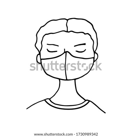 Little boy wearing face mask. Hand drawn vector doodle child in medical mask. Coronavirus protection, covid-19 disease prevention concept. Protective masks respirators for healthcare