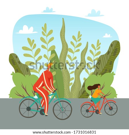 Father and daughter riding on bicycles in park, lifestyle with kids vector illustration. Active family vacation. Parent dad and girl together, healthy leisure and sport for family, happy fatherhood.
