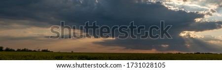 Panorama background of dramatic cloud scape, morning mist over the field