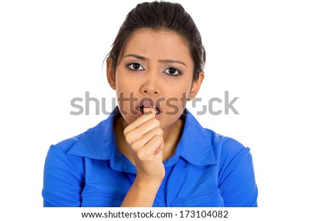 Closeup portrait of pretty woman with finger in mouth, sucking thumb, biting fingernail in stress, deep thought, isolated on white background. Negative emotion facial expression feeling. Body language