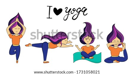 color set of vector illustrations, doodle coloring book, yoga poses, asanas, girl in training, healthy, lifestyle, sport